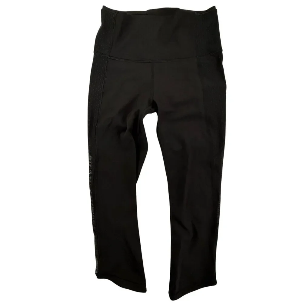Lululemon Swiss Dot Cropped Leggings Women Size 6 Black Yoga Lace Mesh Sides